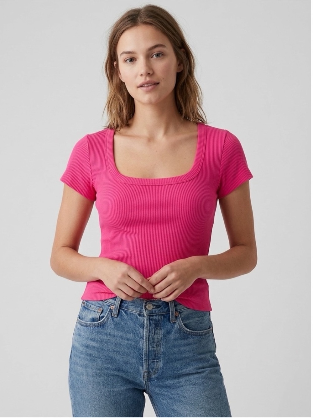 NWT Bobi Los Angeles Geranium Pink Ribbed Square Neck Tee 90s Model Off Duty M